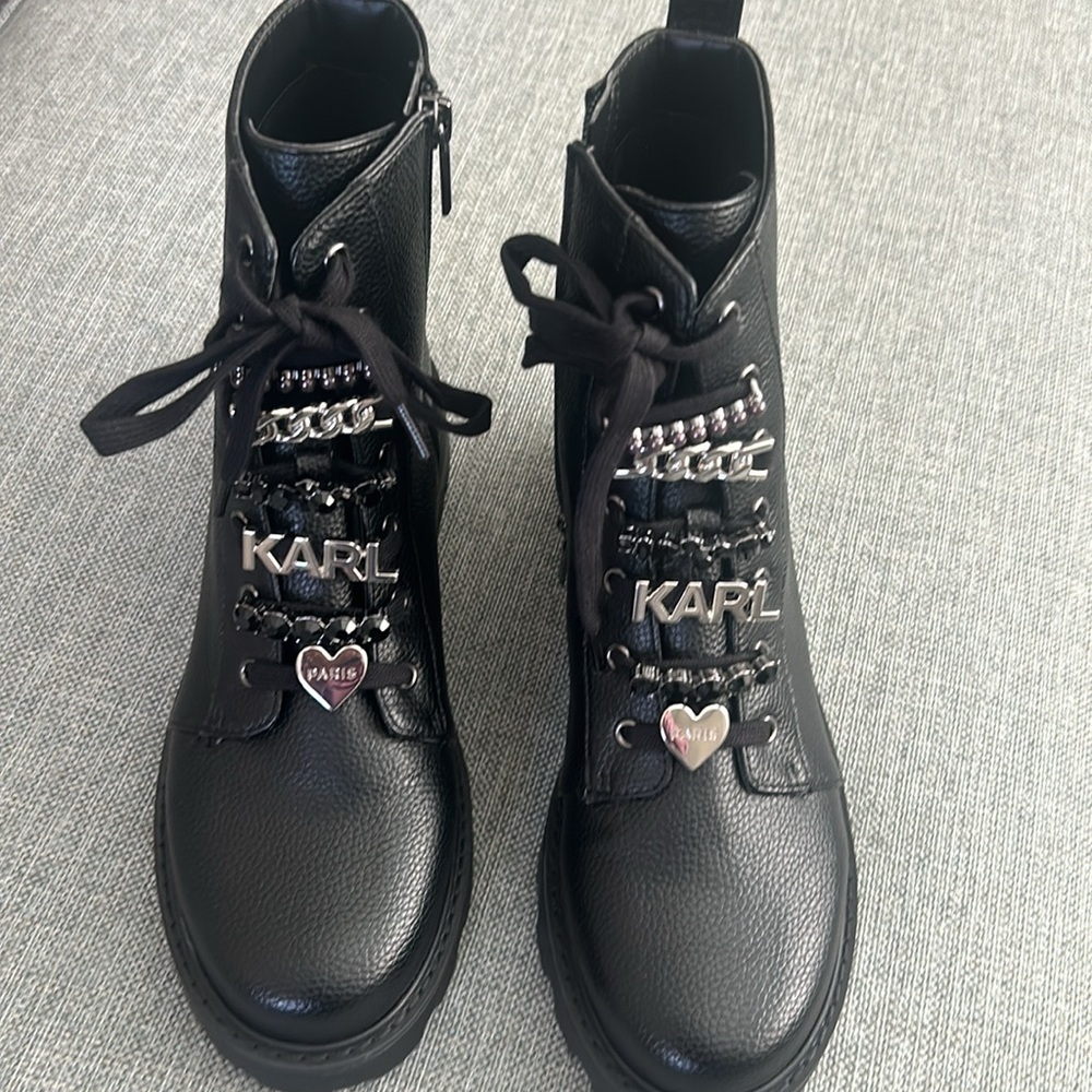 Karl Lagerfeld Paris Women's Maple Embellished Combat Booties Size 8 M